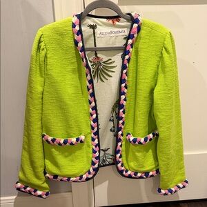 Alix of Bohemia Neon Green Open-Front Braided Trim Jacket